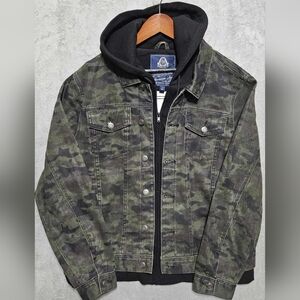 American Rag Mens Green Black Camo Trucker Hooded Jean Jacket Size XXL